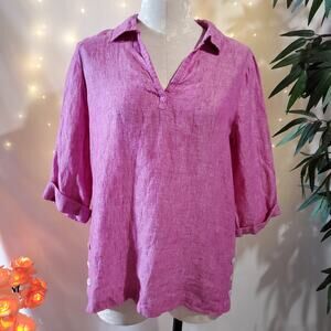 Tahari NWT 100% Linen Pink 1/2 Sleeve V-Neck Collared Tunic Top Women's Size S